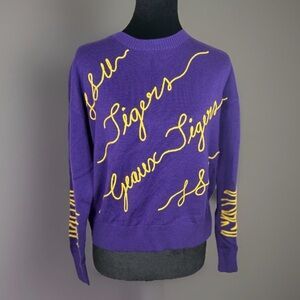 KadyLuxe Women's Purple LSU Tigers Love Note Embroidered Sweater- Small